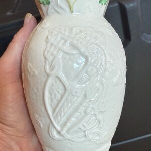 Belleek White Porcelain Piece with Green Floral Accent